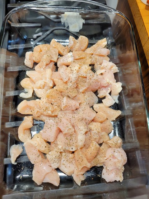 Cut chicken breasts into bite-size pieces.